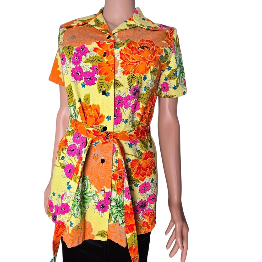 Vintage Lanie J California Floral Tunic Top Yellow Orange Pink Barkcloth TieBelt